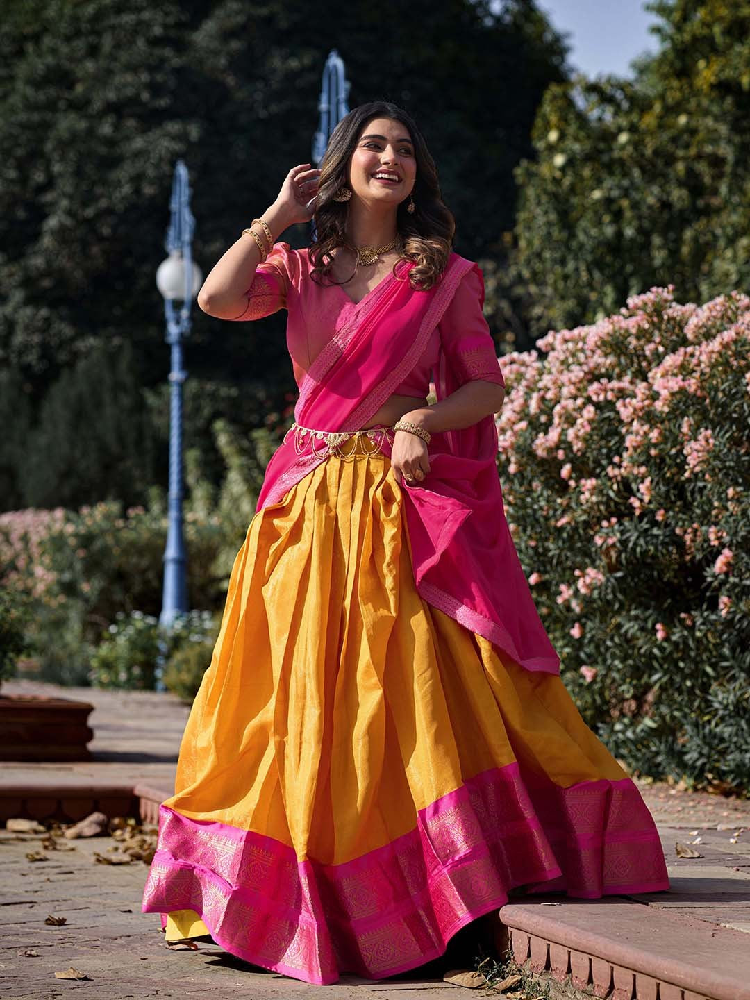 Lorenvalley Mustard Kanchipuram Zari Weaving Work Lehenga Choli with Dupatta | Swadesiicart