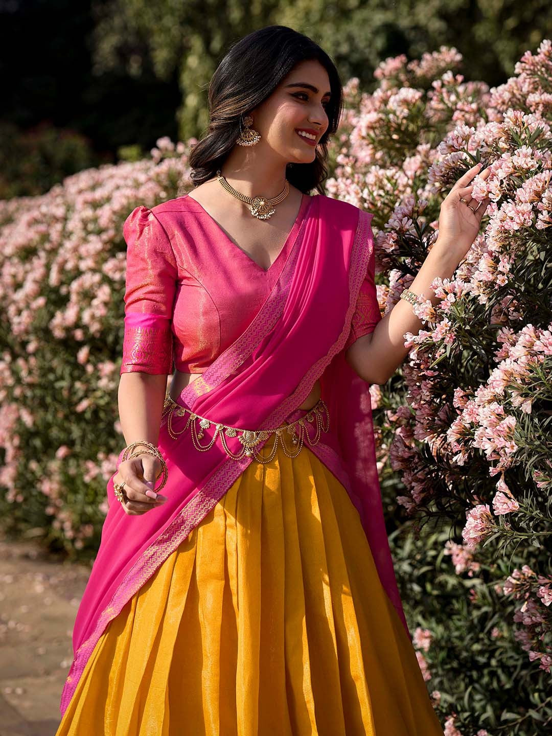 Lorenvalley Mustard Kanchipuram Zari Weaving Work Lehenga Choli with Dupatta | Swadesiicart