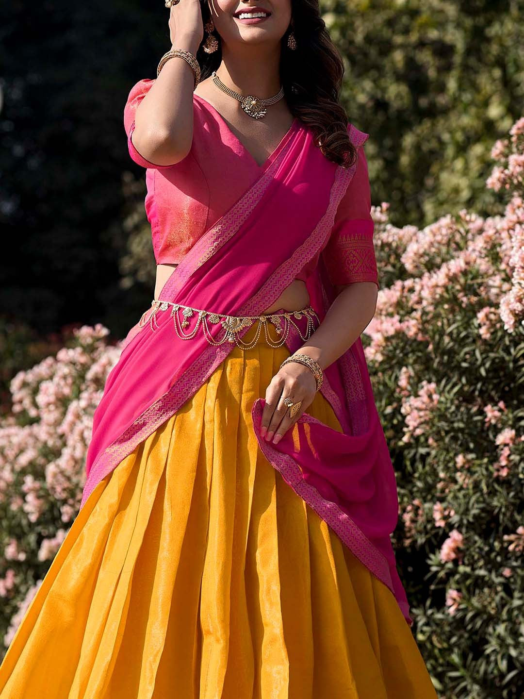 Lorenvalley Mustard Kanchipuram Zari Weaving Work Lehenga Choli with Dupatta | Swadesiicart