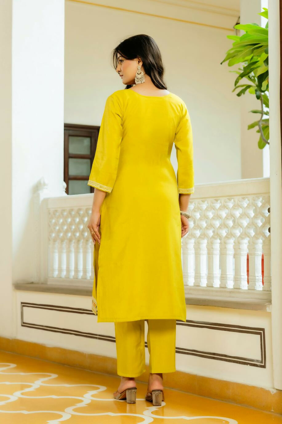 The52 Yellow Women's Beautiful Embroidered Viscose Shimmer Fabric with Straight Kurta, Pant and Dupatta Set - Swadesiicart
