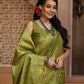 Vishnu Weaves Women's Mahendi Handloom Raw Silk Woven Border Saree with Unstitched Blouse - Swadesiicart