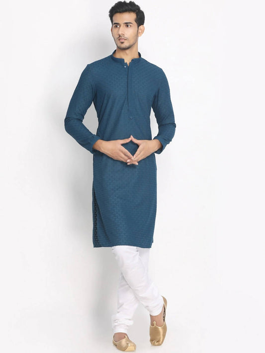 Manyavar Men Blue & White Chikankari Embroidered Kurta with Pyjamas | Swadesiicart