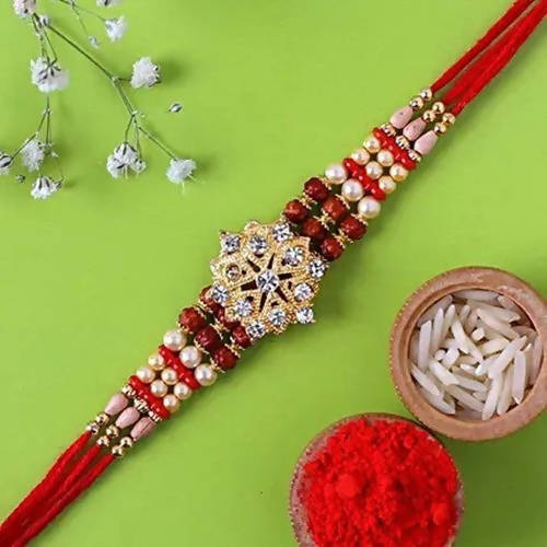 Pretty Rudraksha Rakhi And Kaju Katli Box | Swadesiicart