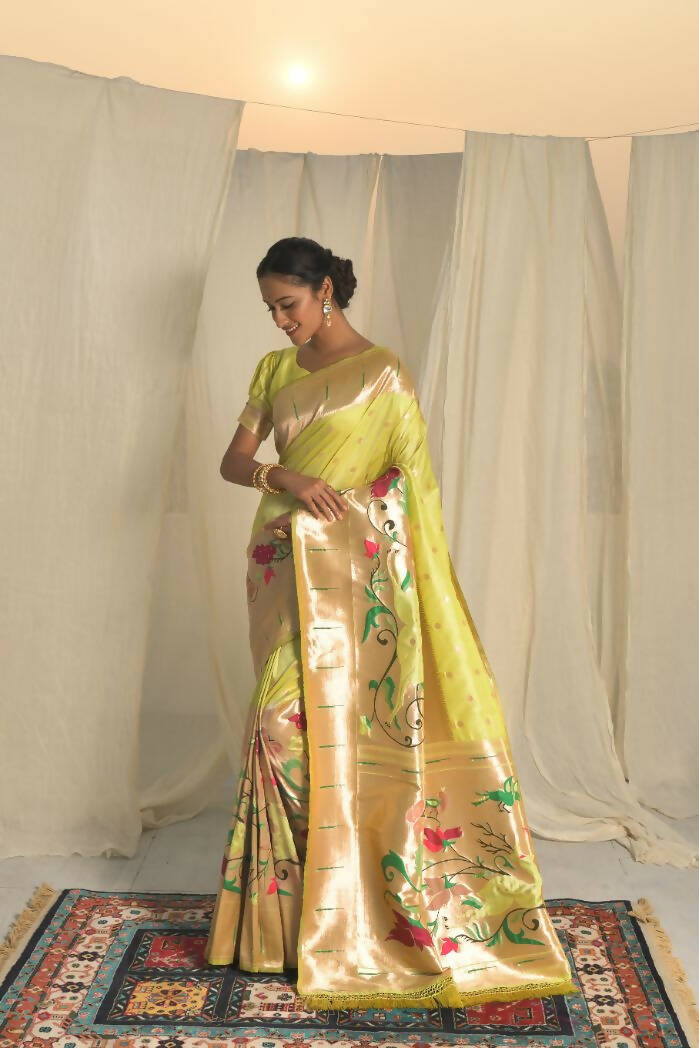 Vishnu Weaves Women's Pista Paithani Silk Zari Woven Saree with Unstitched Blouse - Swadesiicart