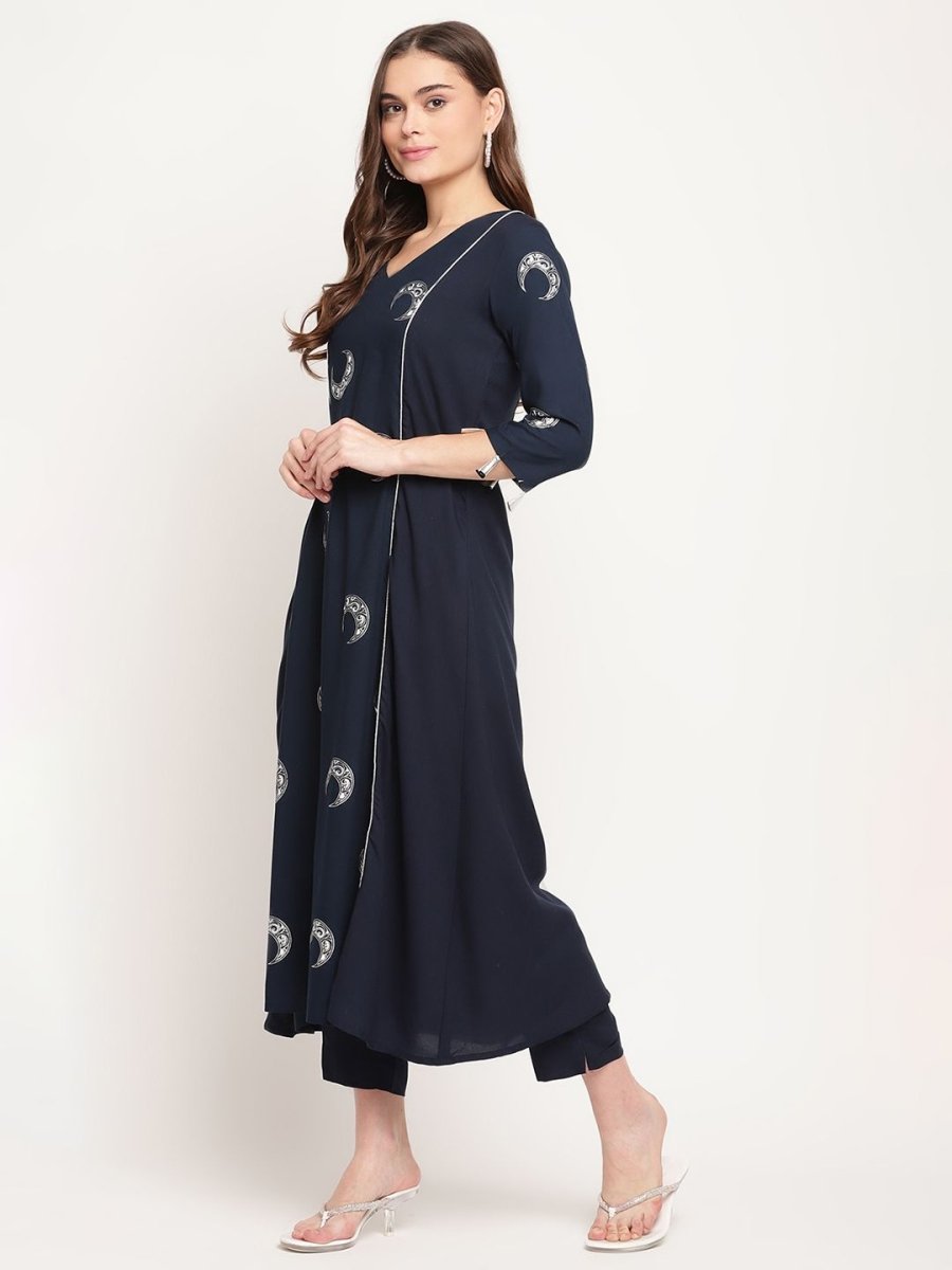 Ahalyaa Women's Navy Blue Rayon Foil & Khari Print Kurta Trouser Set | Swadesiicart