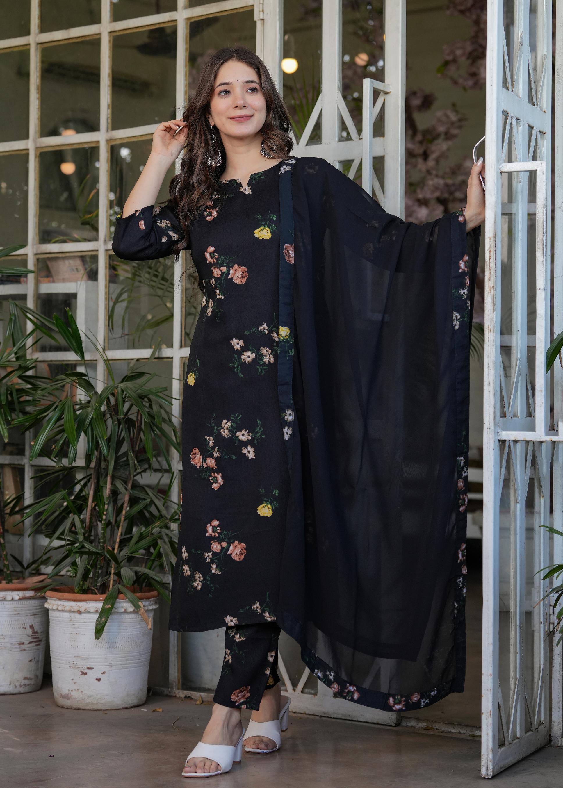 The52 French Crepe Fabric work Straight cut Kurta, Pant and Dupatta Set - Swadesiicart
