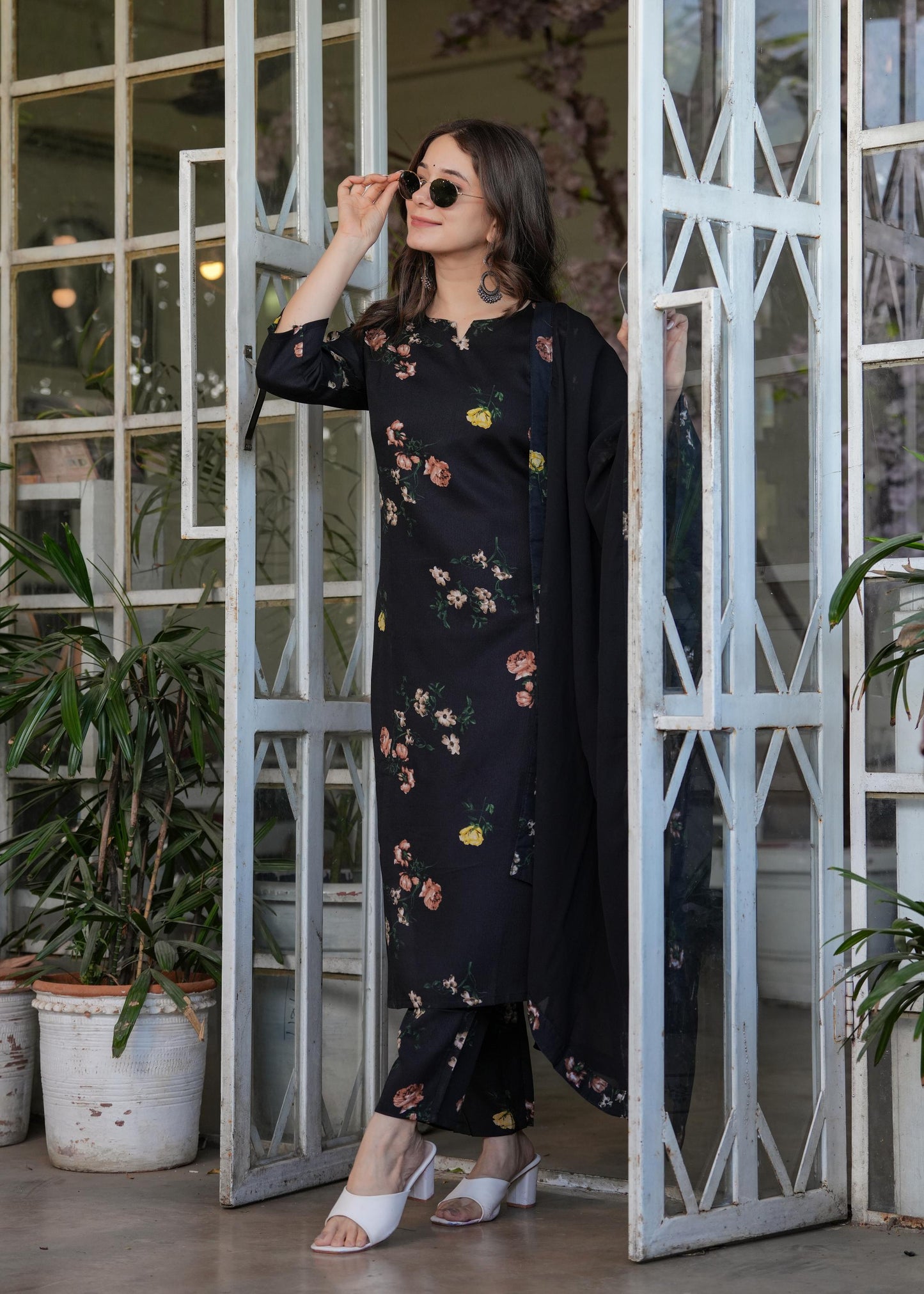 The52 French Crepe Fabric work Straight cut Kurta, Pant and Dupatta Set - Swadesiicart