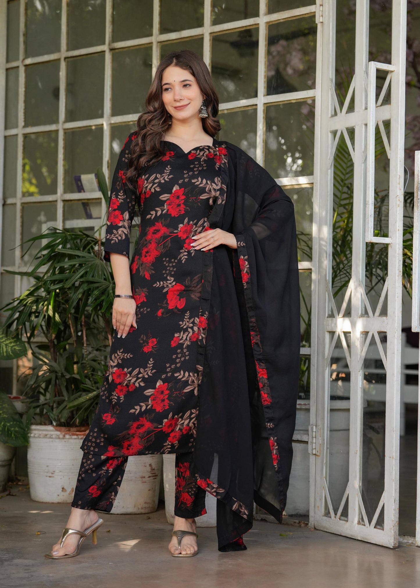 The52 Women's Printed Silk Blend Fabric Straight Kurta, Pant and Dupatta Set - Swadesiicart