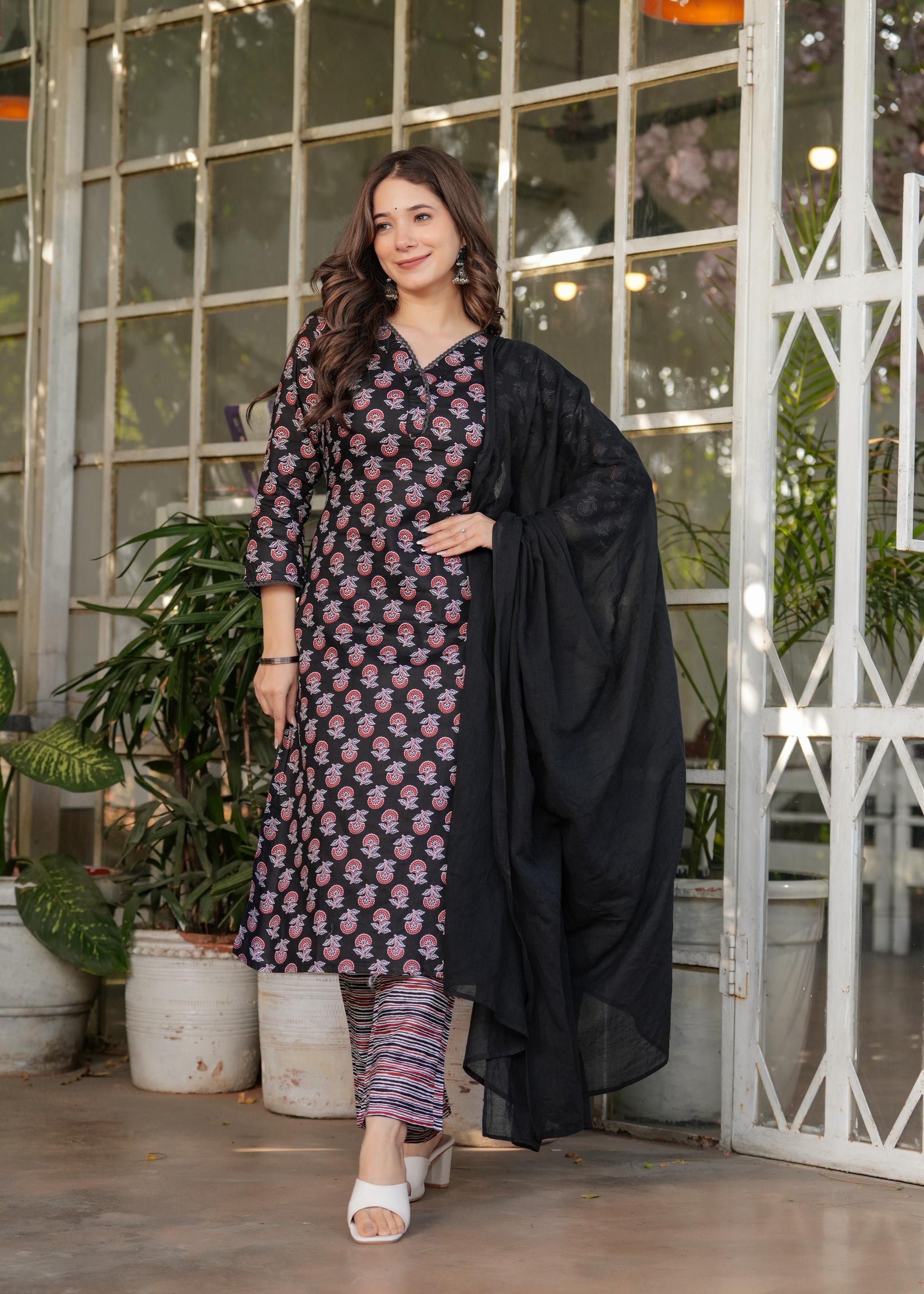 The52 Women's Printed Pure Cotton Fabric Straight Kurta, Pant and Dupatta Set - Swadesiicart