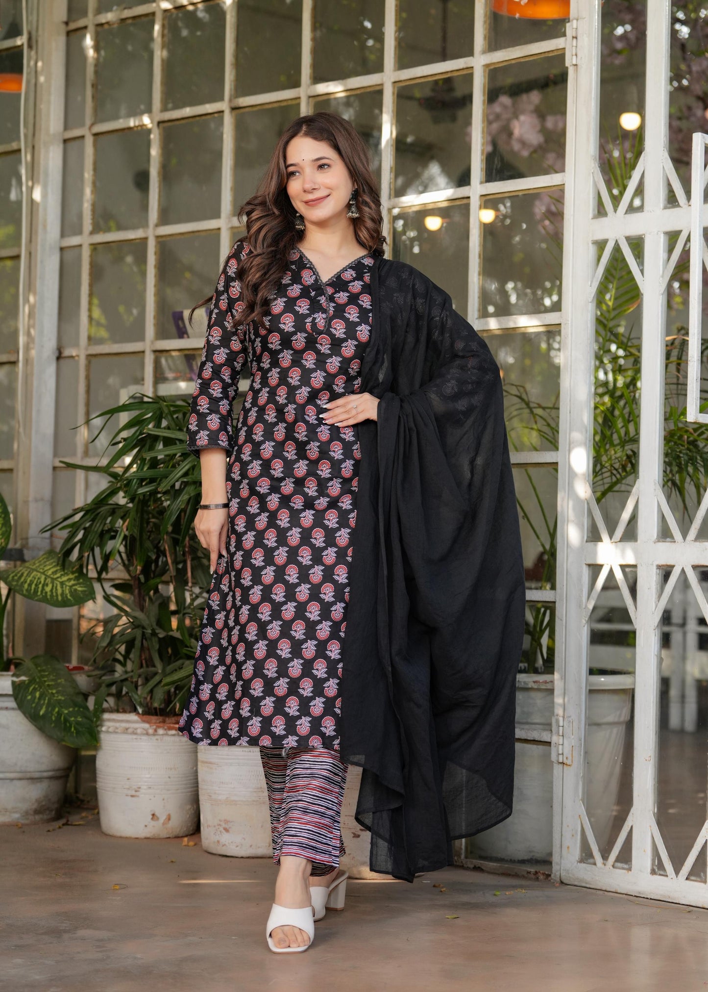 The52 Women's Printed Pure Cotton Fabric Straight Kurta, Pant and Dupatta Set - Swadesiicart
