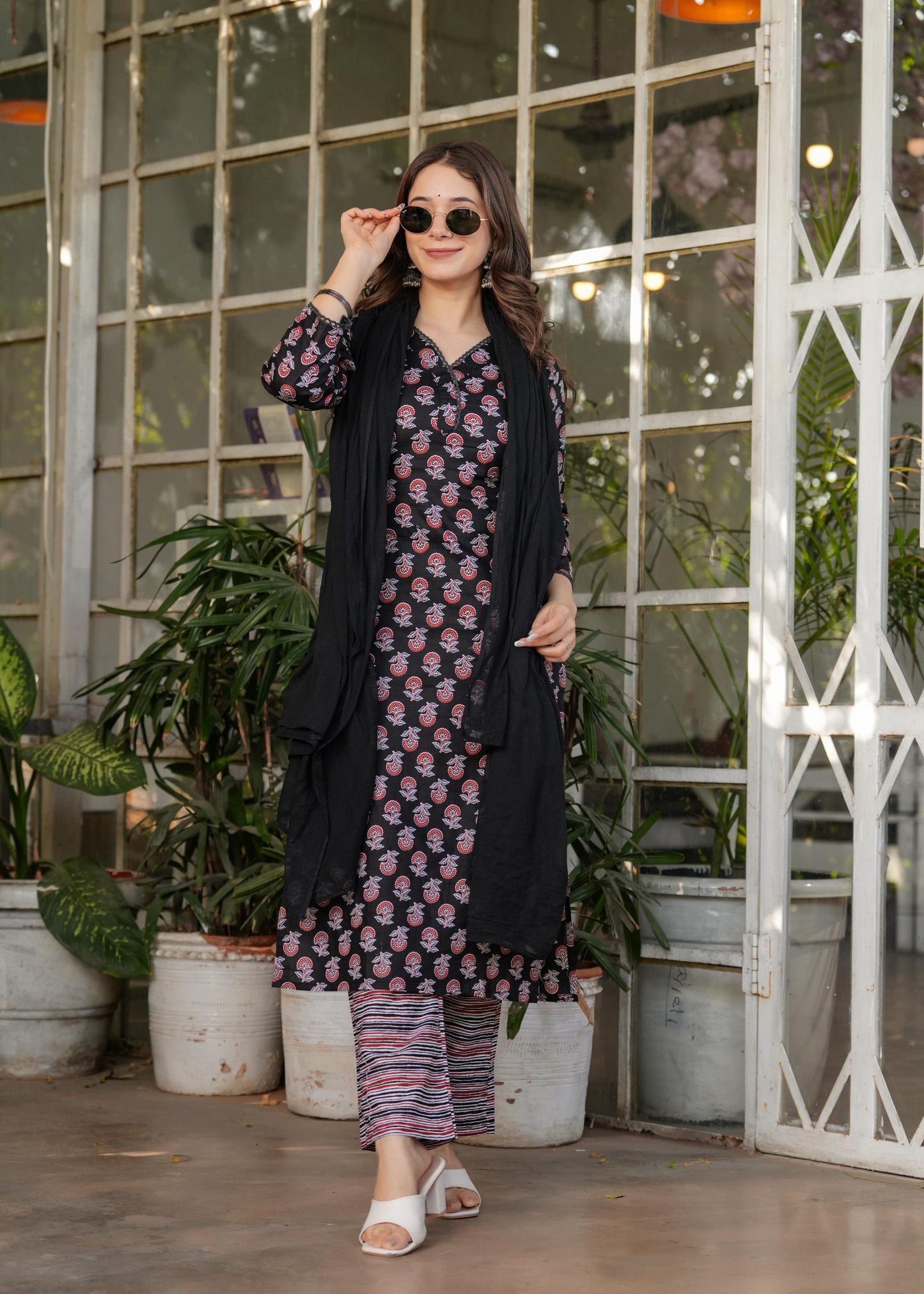 The52 Women's Printed Pure Cotton Fabric Straight Kurta, Pant and Dupatta Set - Swadesiicart