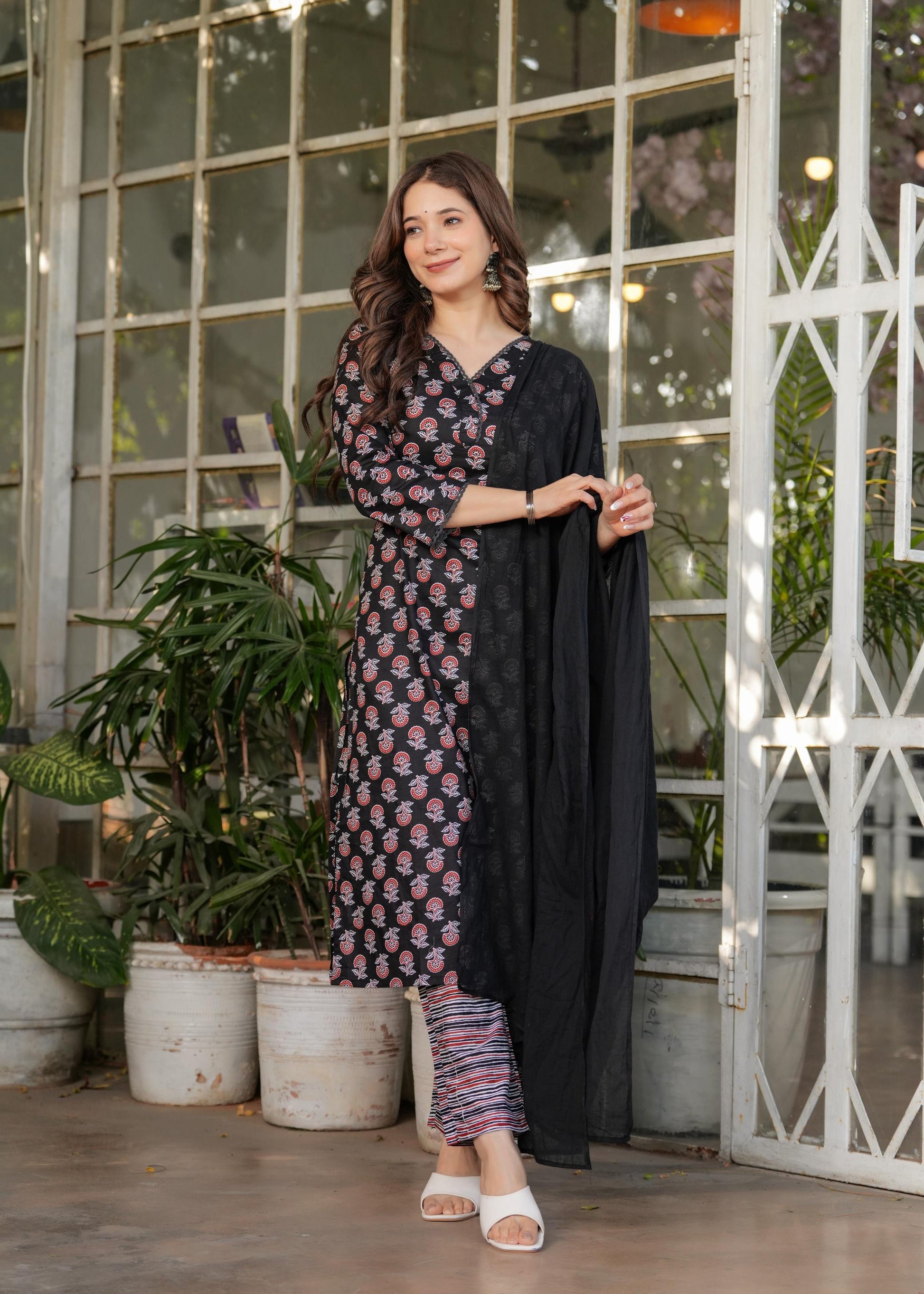 The52 Women's Printed Pure Cotton Fabric Straight Kurta, Pant and Dupatta Set - Swadesiicart