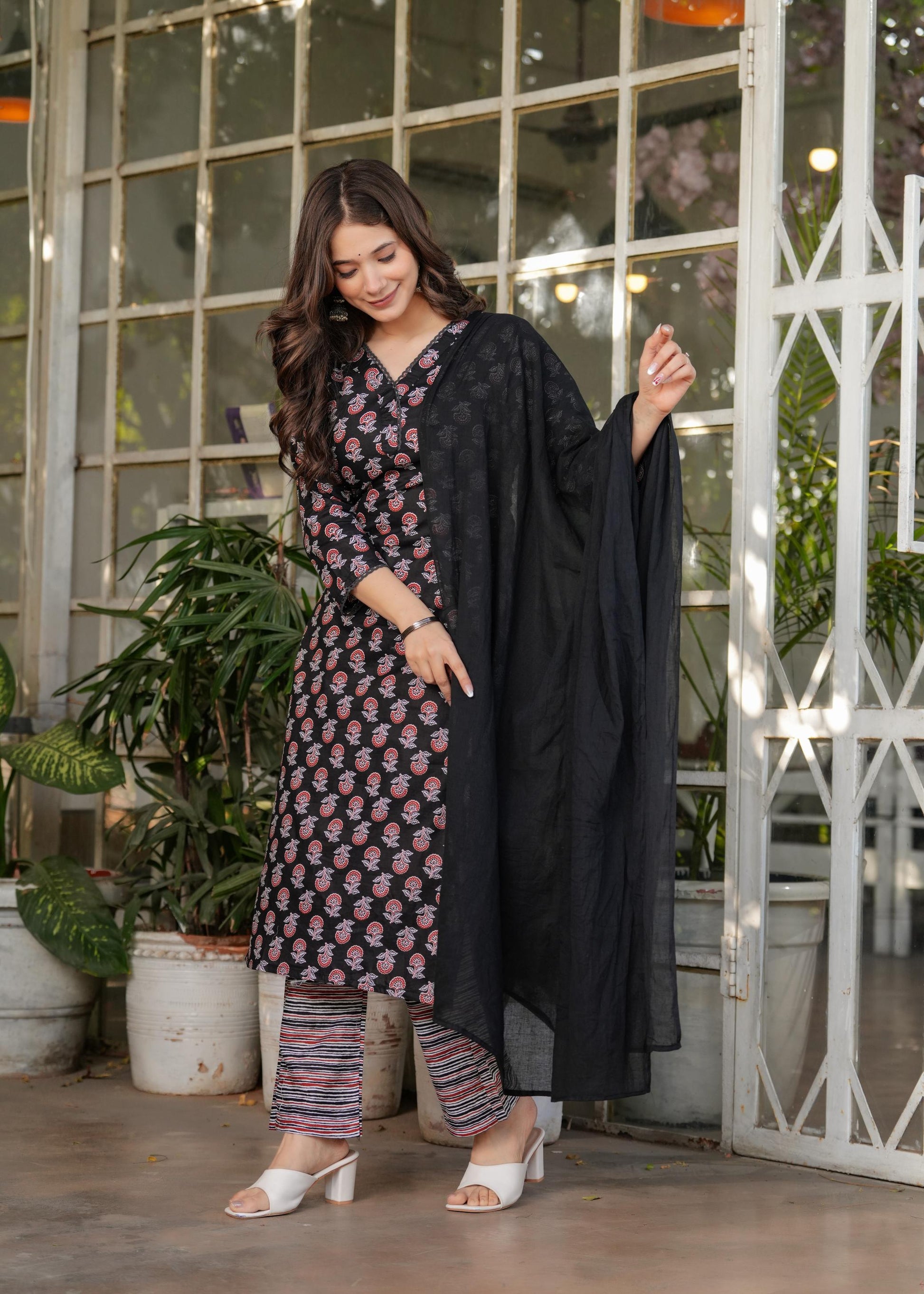 The52 Women's Printed Pure Cotton Fabric Straight Kurta, Pant and Dupatta Set - Swadesiicart