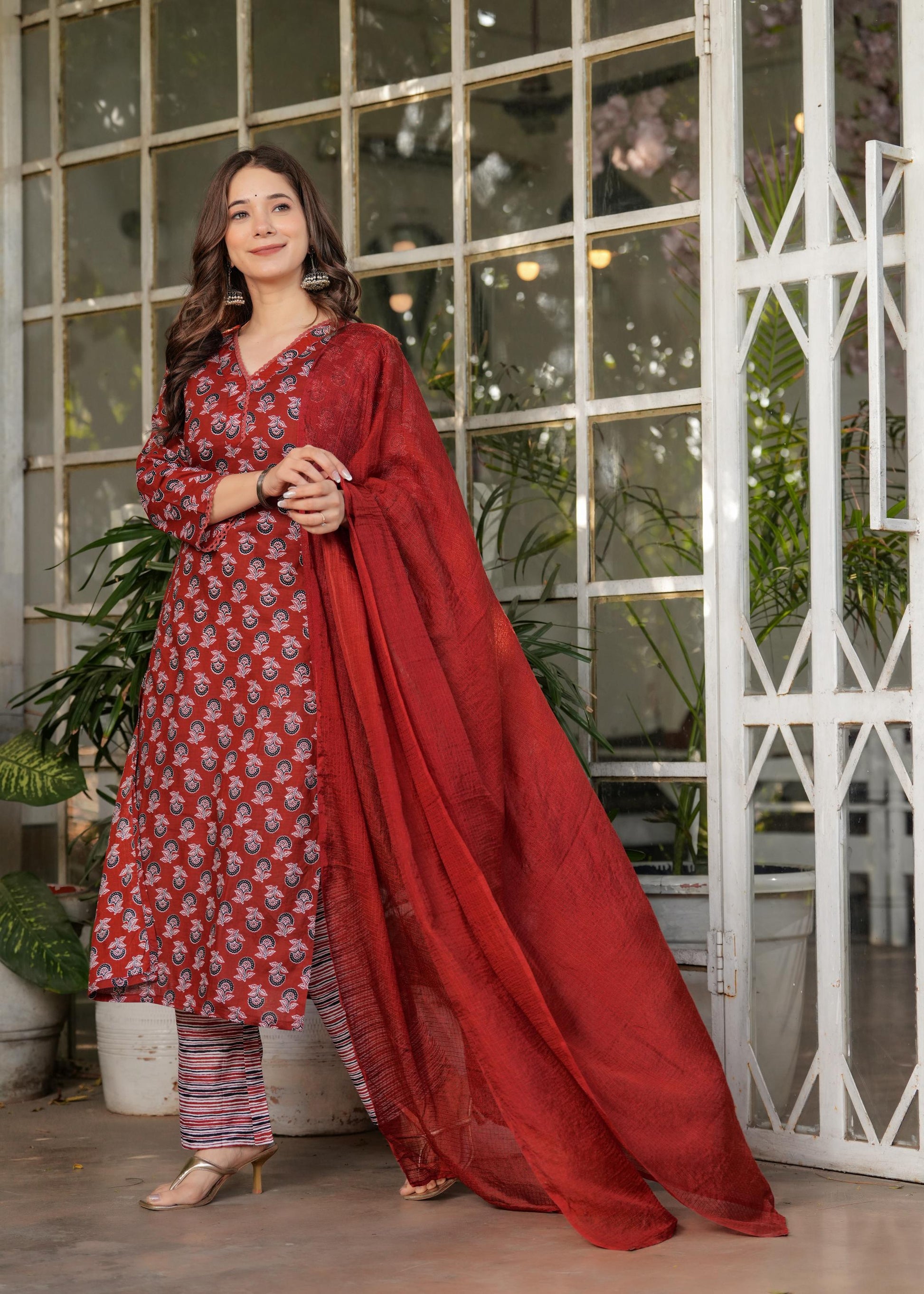 The52 Women's Printed Pure Cotton Fabric Straight Kurta, Pant and Dupatta Set - Swadesiicart