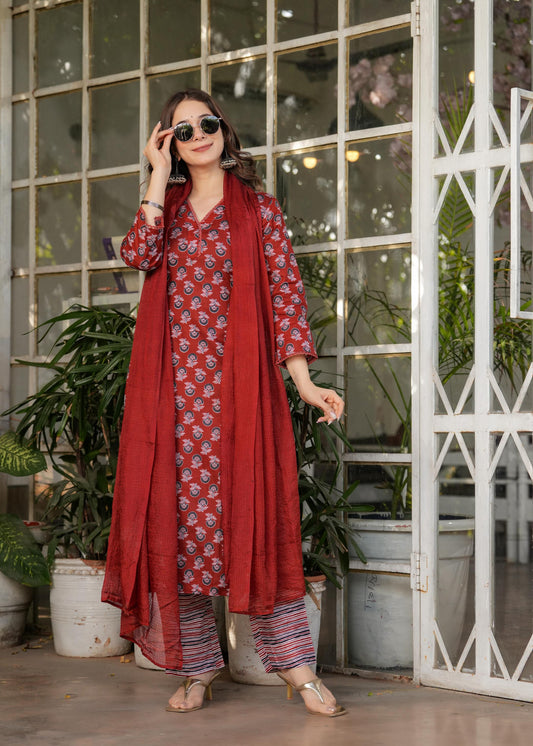 The52 Women's Printed Pure Cotton Fabric Straight Kurta, Pant and Dupatta Set - Swadesiicart