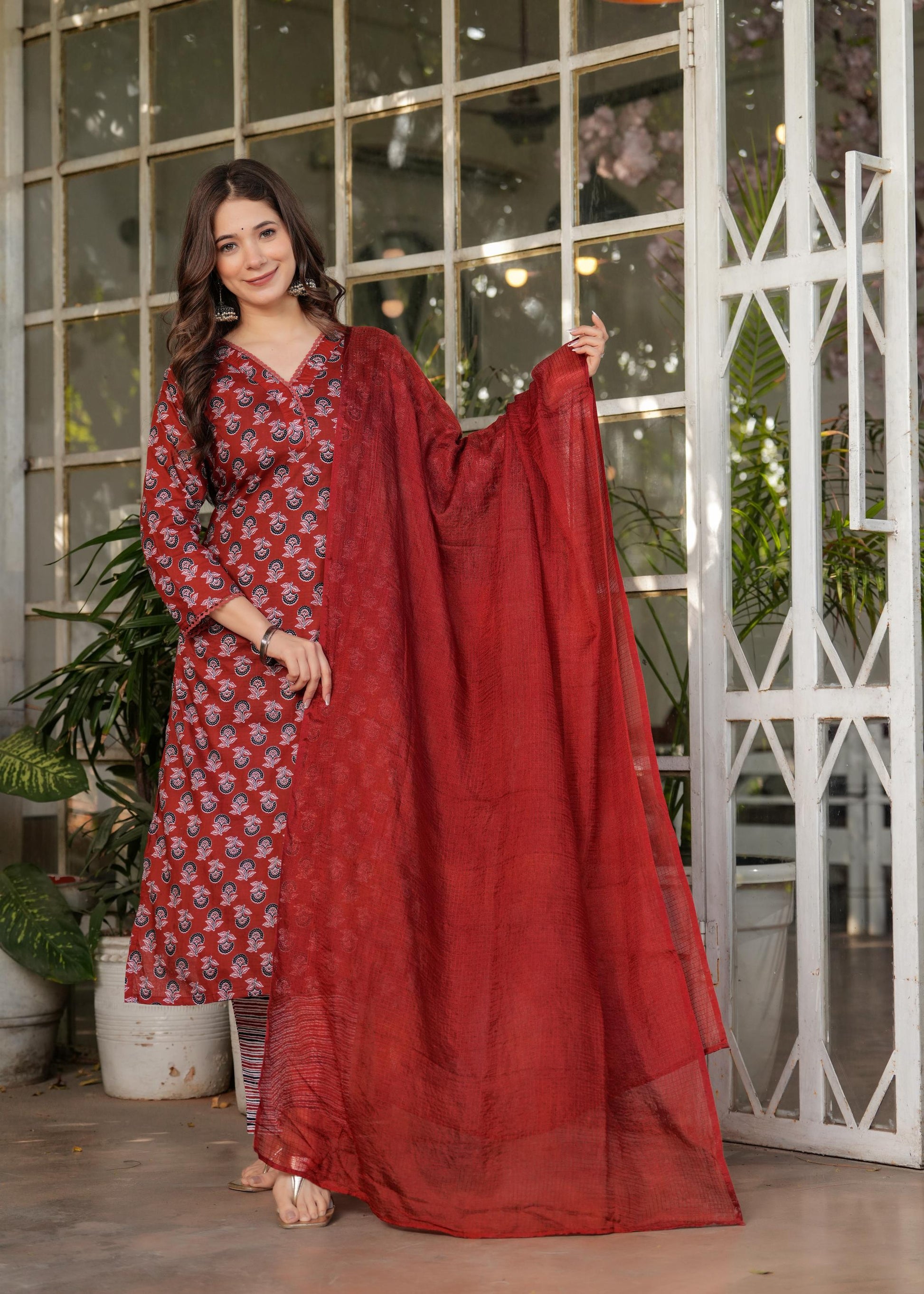 The52 Women's Printed Pure Cotton Fabric Straight Kurta, Pant and Dupatta Set - Swadesiicart