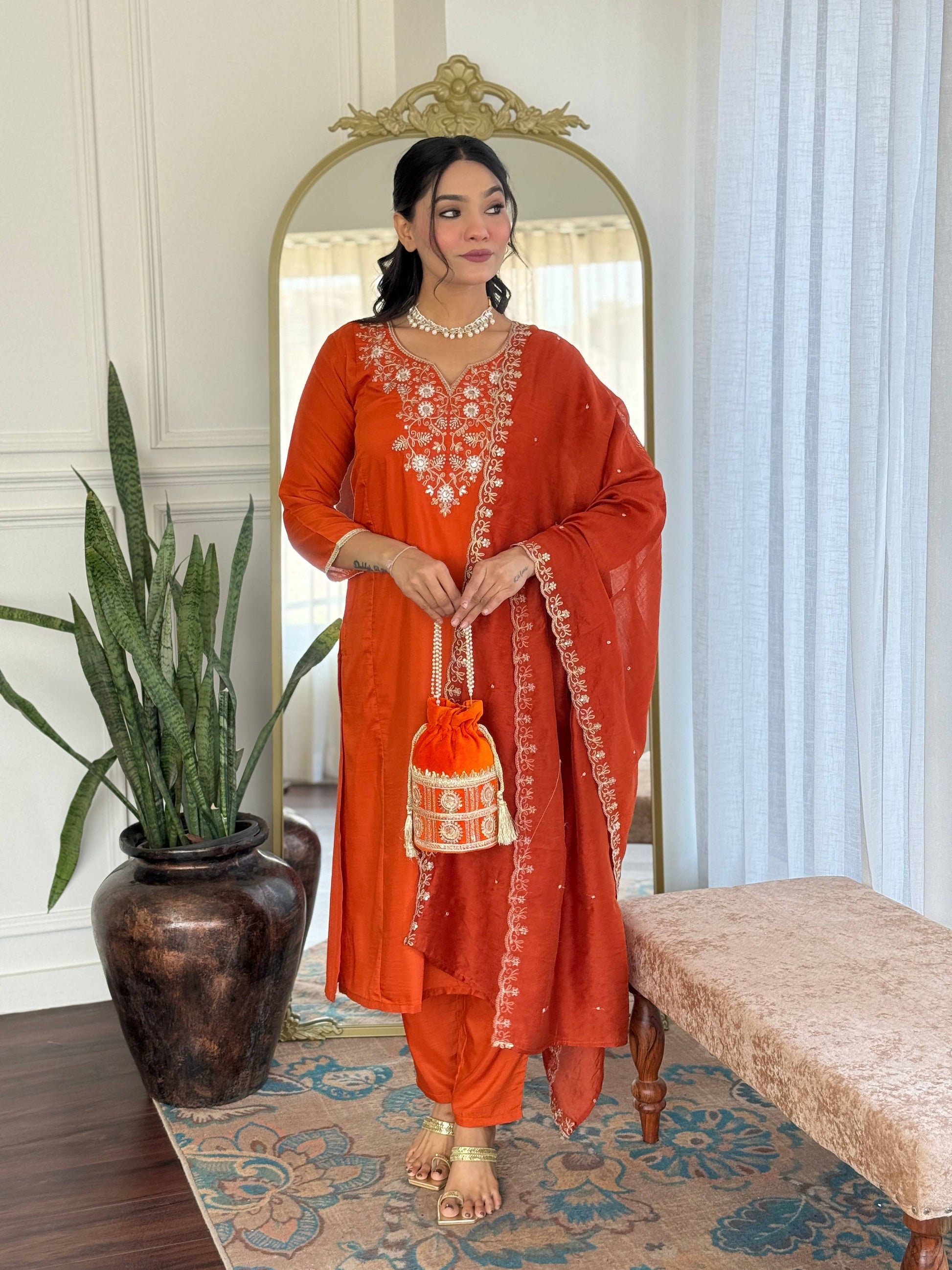 The52 Women's Beautiful Viscose Chinon Embroidered Straight Kurta with Pant And Dupatta Set - Swadesiicart