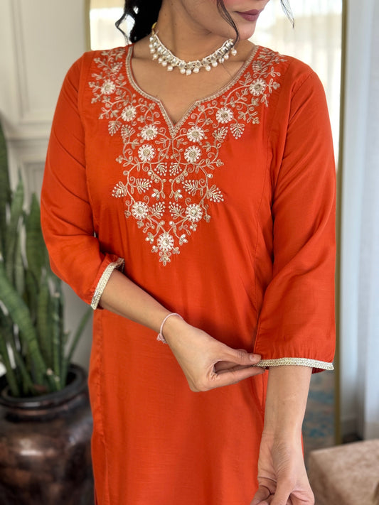 The52 Women's Beautiful Viscose Chinon Embroidered Straight Kurta with Pant And Dupatta Set - Swadesiicart