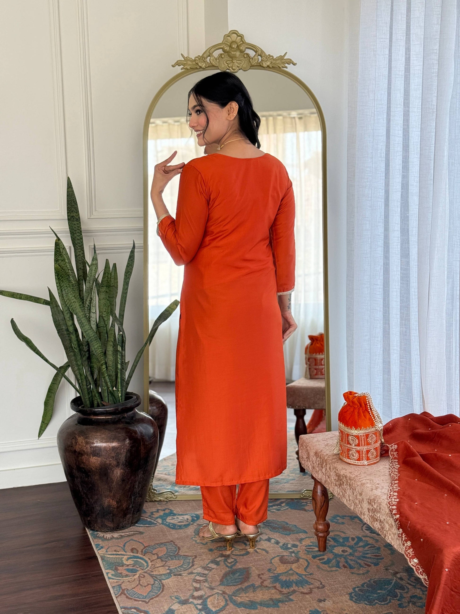 The52 Women's Beautiful Viscose Chinon Embroidered Straight Kurta with Pant And Dupatta Set - Swadesiicart