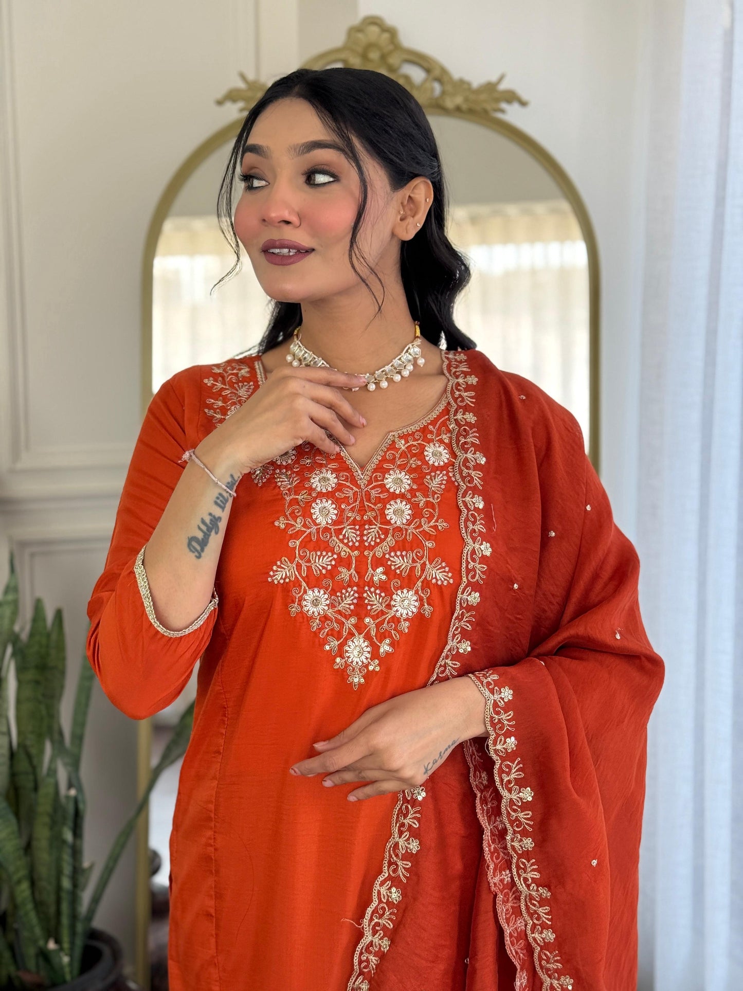 The52 Women's Beautiful Viscose Chinon Embroidered Straight Kurta with Pant And Dupatta Set - Swadesiicart