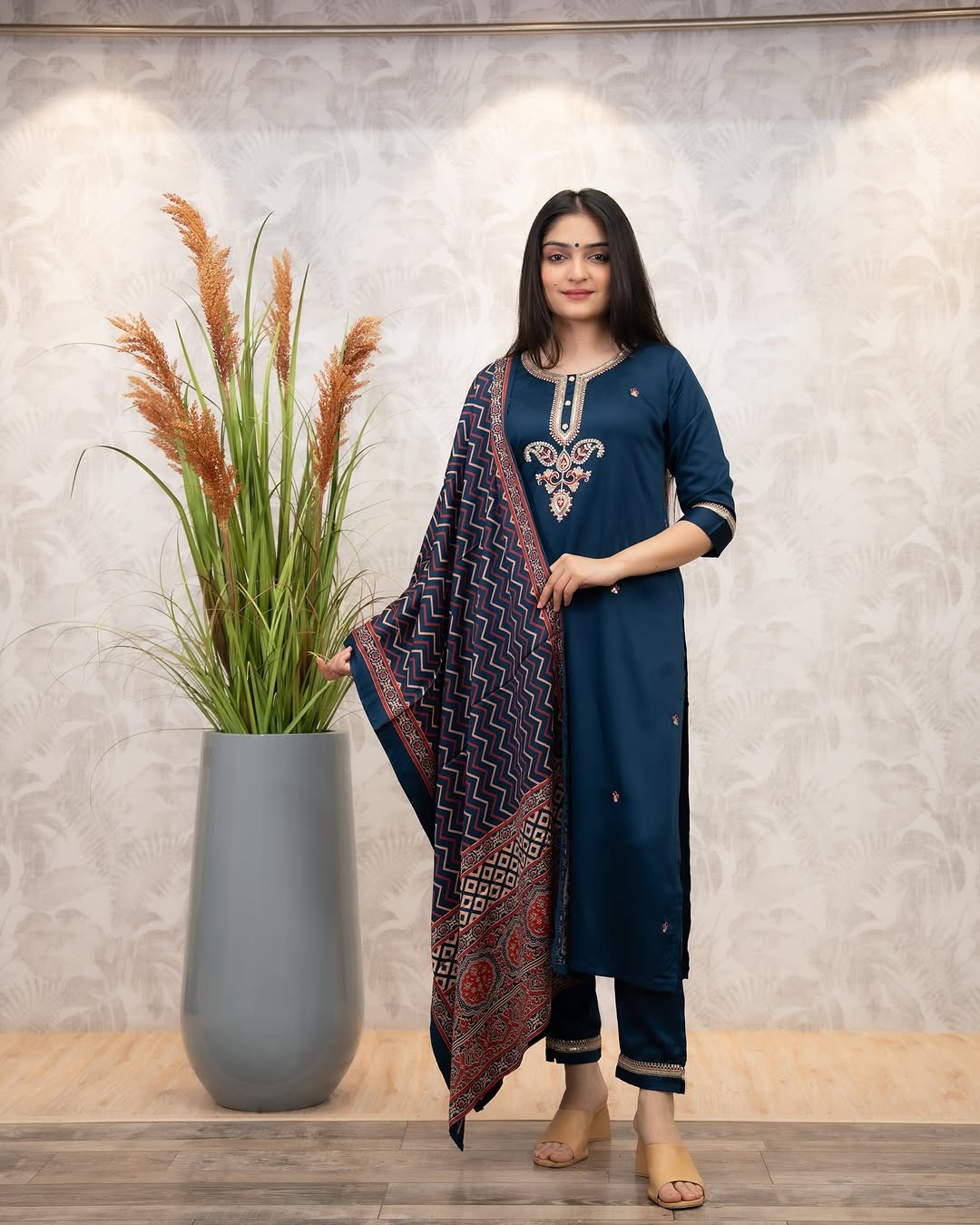 The52 Women's Gorgeous Chanderi Silk Embroidery Straight Kurta with Pant and Dupatta Set - Swadesiicart