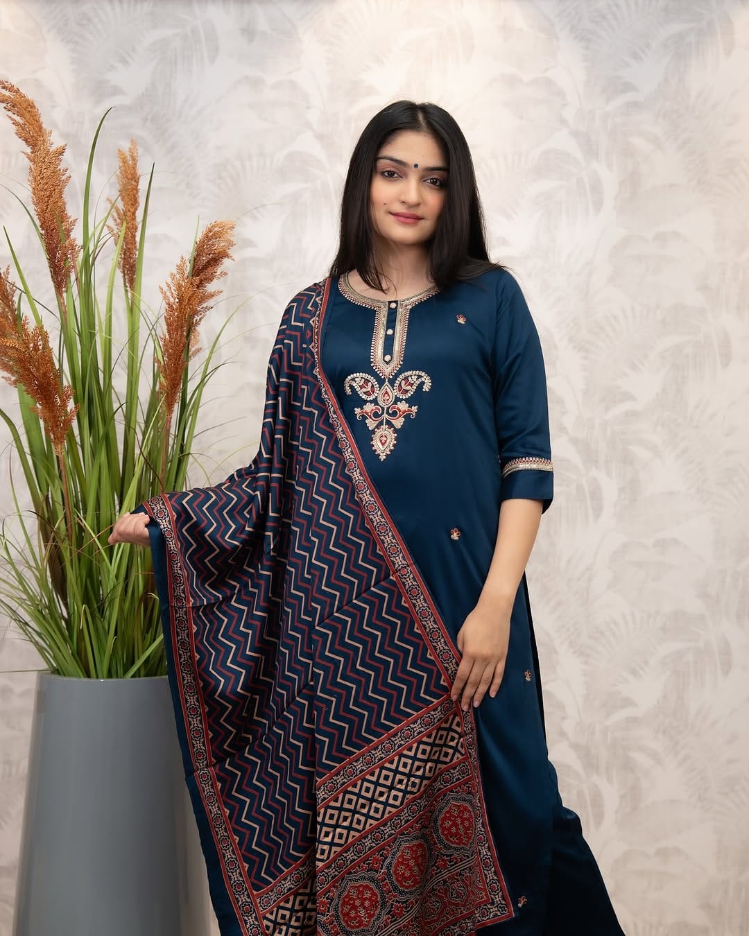 The52 Women's Gorgeous Chanderi Silk Embroidery Straight Kurta with Pant and Dupatta Set - Swadesiicart