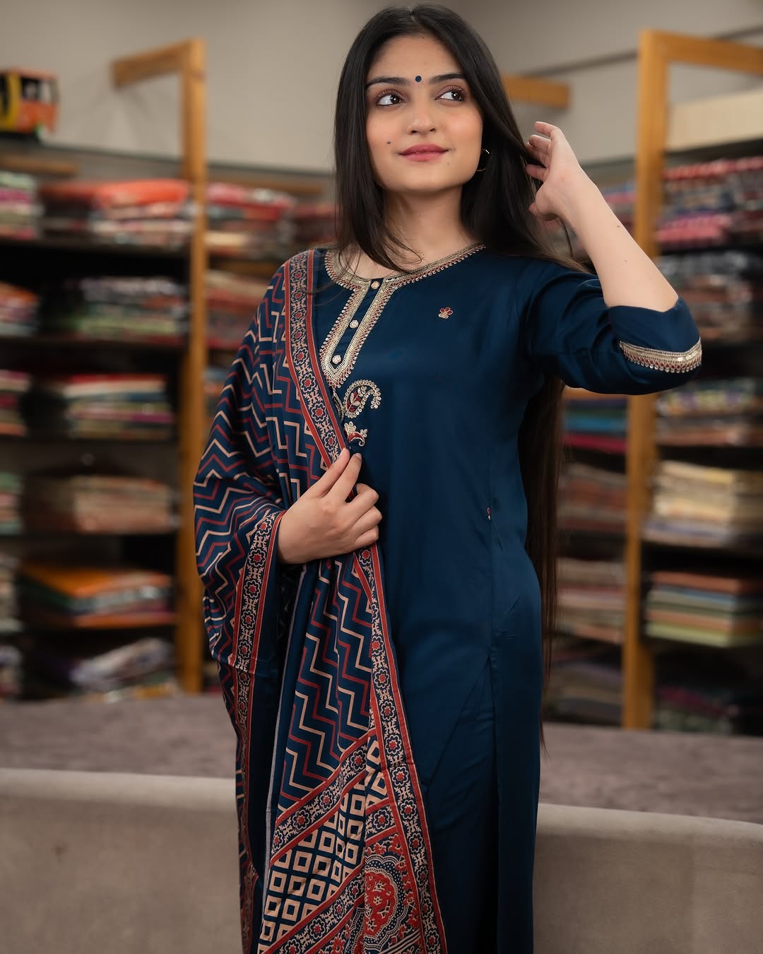 The52 Women's Gorgeous Chanderi Silk Embroidery Straight Kurta with Pant and Dupatta Set - Swadesiicart
