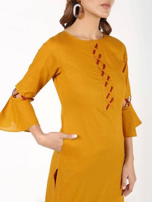 Aniyah Cotton Criss Cross Bell Sleeves Straight Mustard Color Kurta (AN-146K) - Swadesiicart