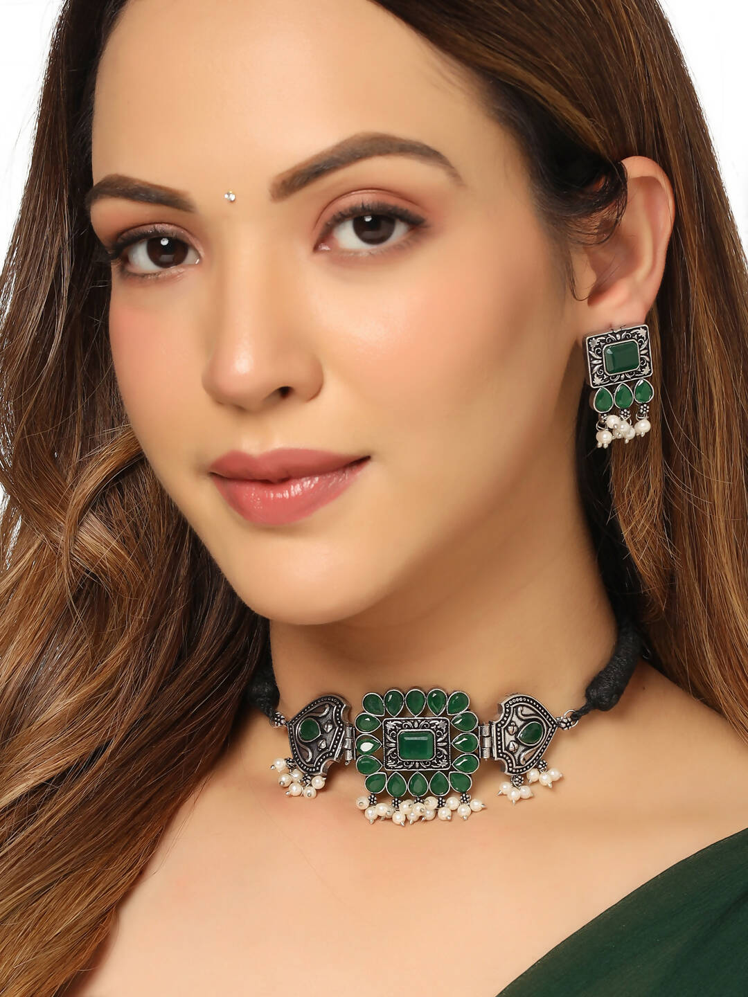 NVR Women's Oxidised Silver Plated Green Color Stone Jewellery Set With Earrings | Swadesiicart