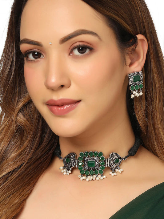 NVR Women's Oxidised Silver Plated Green Color Stone Jewellery Set With Earrings | Swadesiicart