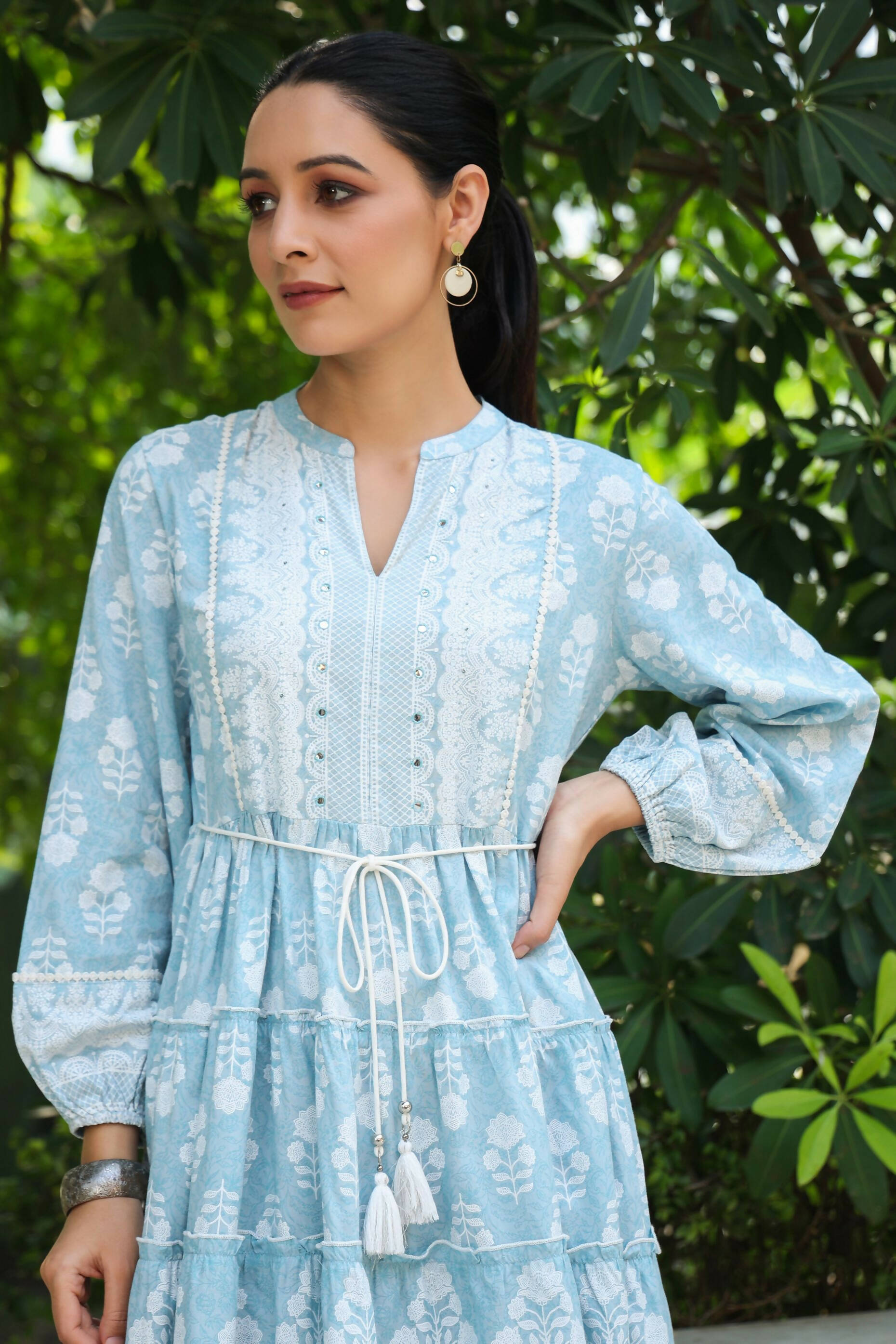 Juniper Women's Skyblue Rayon Floral Printed Short Tiered Dress | Swadesiicart