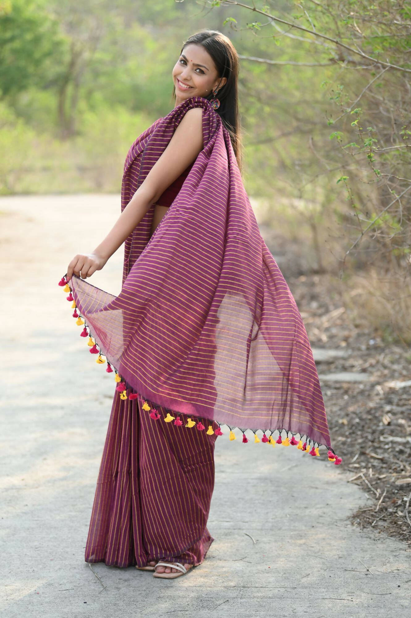 Very Much Indian Designer Pure Cotton Saree With All Over Linear Stripes - Maroon | Swadesiicart