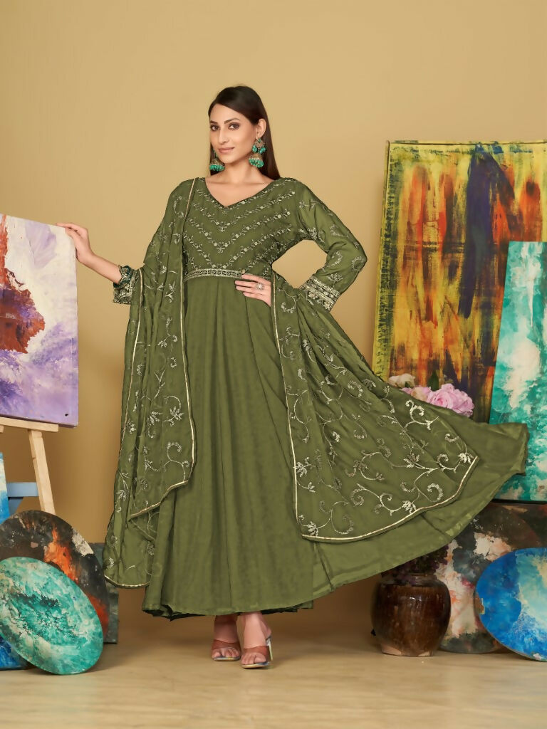 Jyoti Fashion Women's Olive Green Georgette Embroidered Anarkali Kurta Pant Set With Dupatta | Swadesiicart