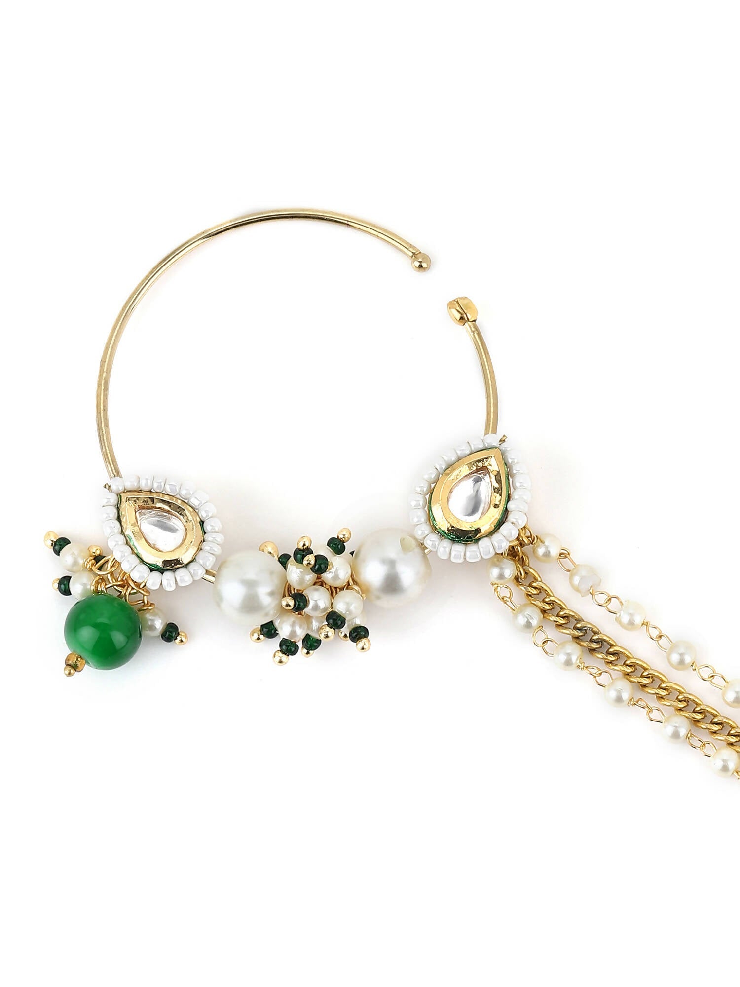 Gold-Polished White Green Kundan-Studded Pearl Beaded Nosepin - Ruby Raang | Swadesiicart