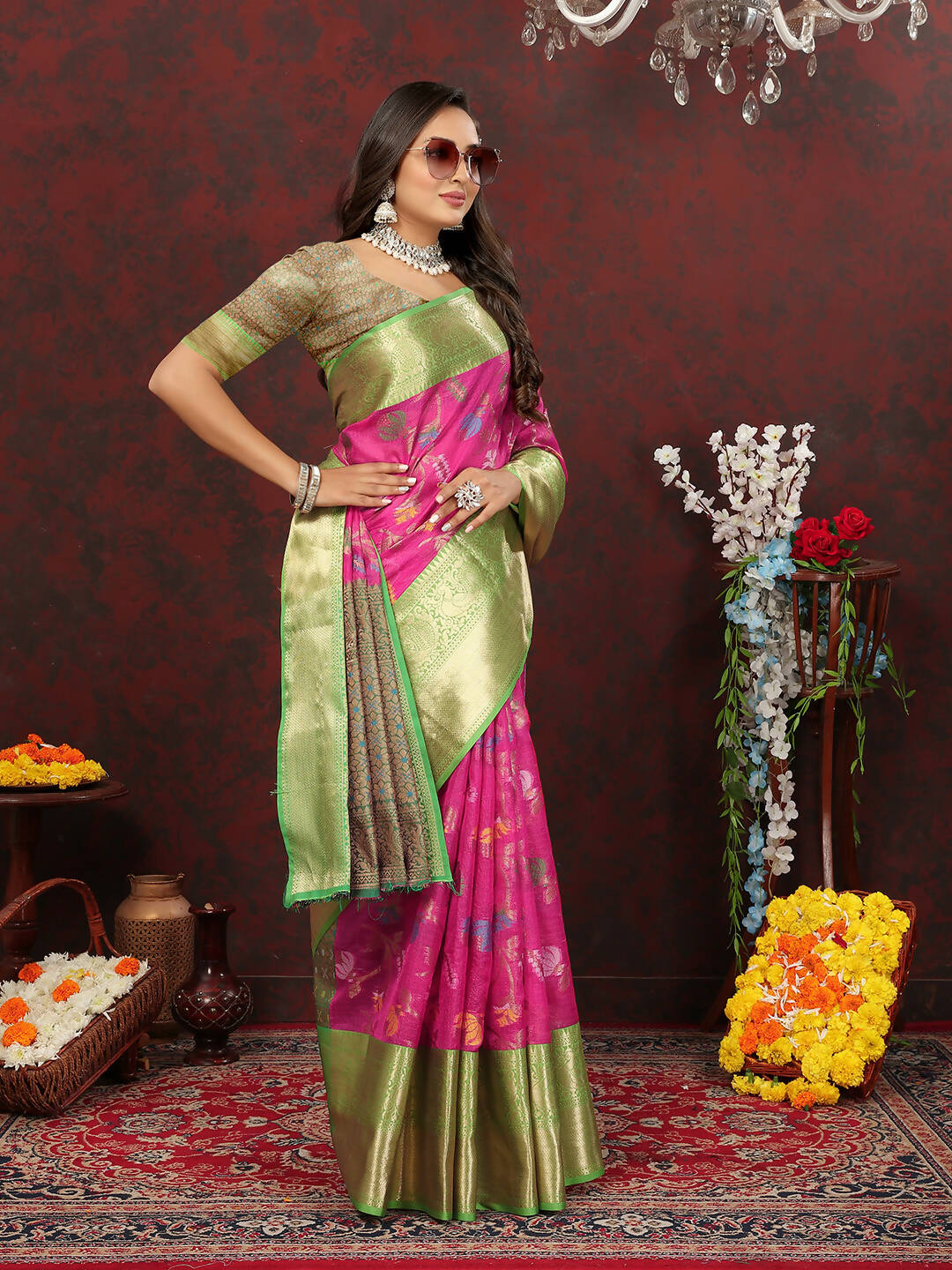 Lorenvalley Fashion Pink Cotton Woven Design Zari Meenakari Weaving Saree - Swadesiicart
