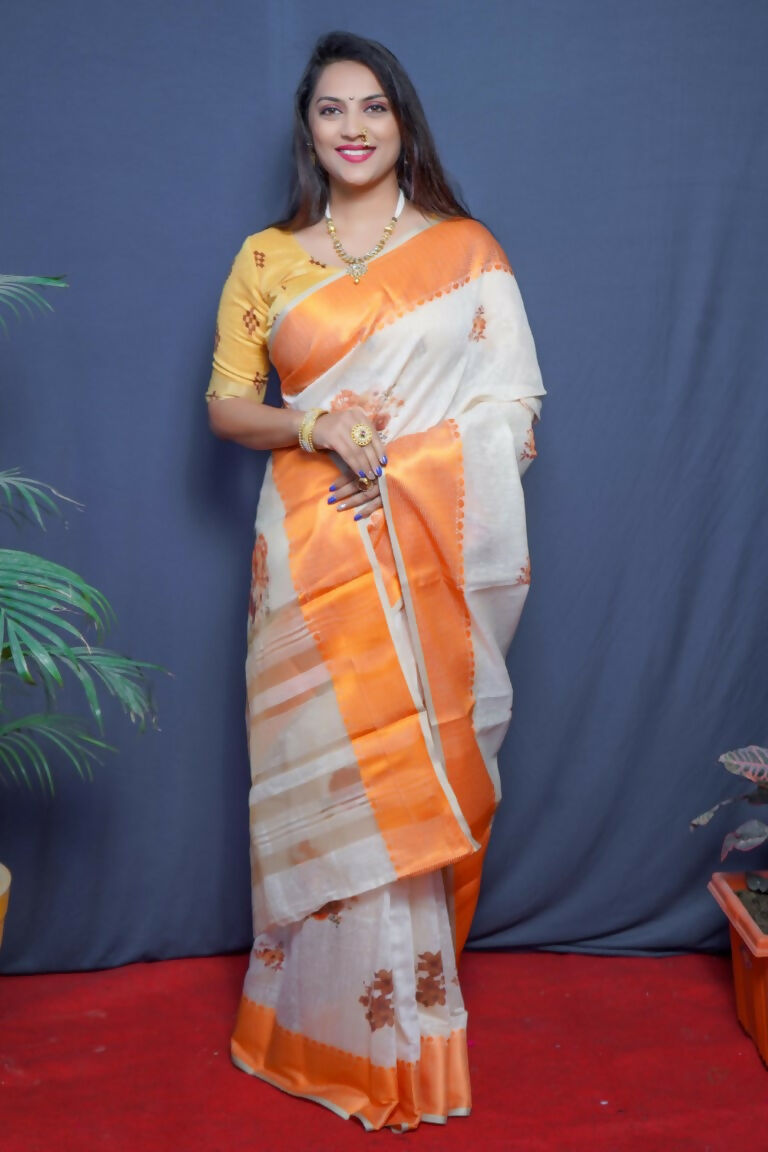 Jyoti Fashion Women's Orange Linen Silk Digital Print with Jacquard Woven Border Saree with Blouse | Swadesiicart