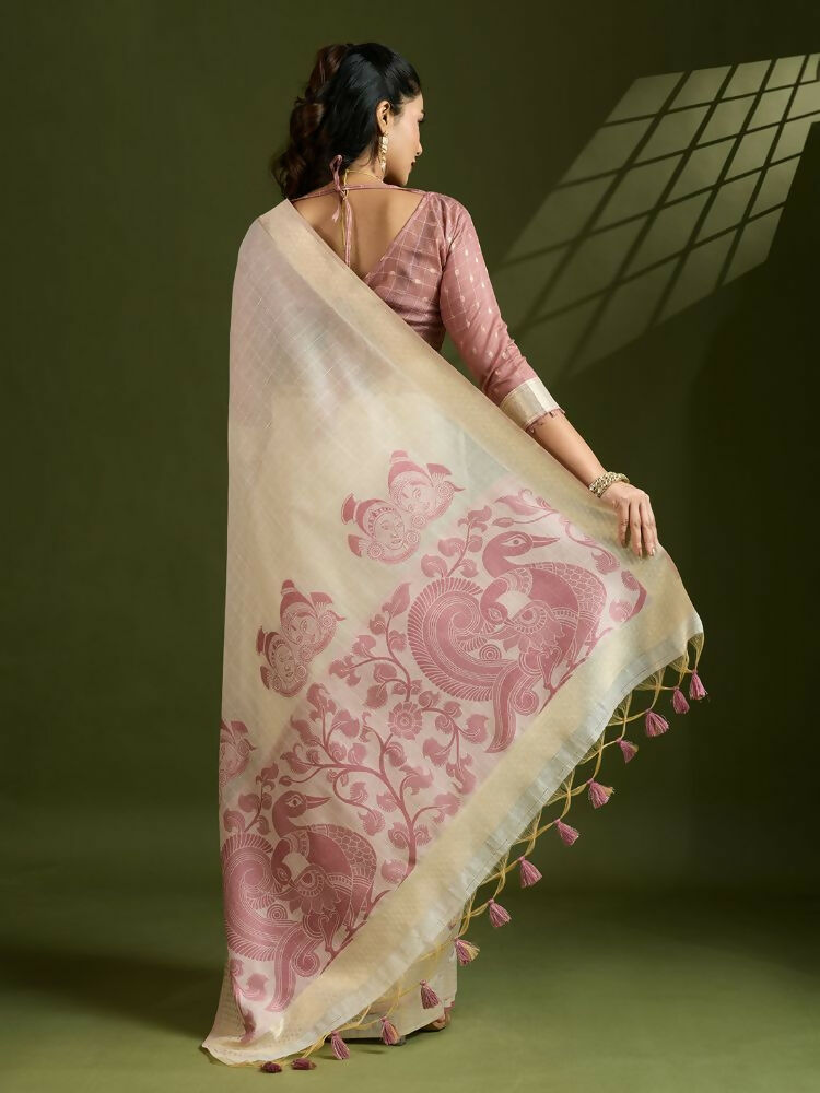 Vishnu Weaves Women's Maroon Muga Cotton Thread Woven Saree with Blouse - Swadesiicart