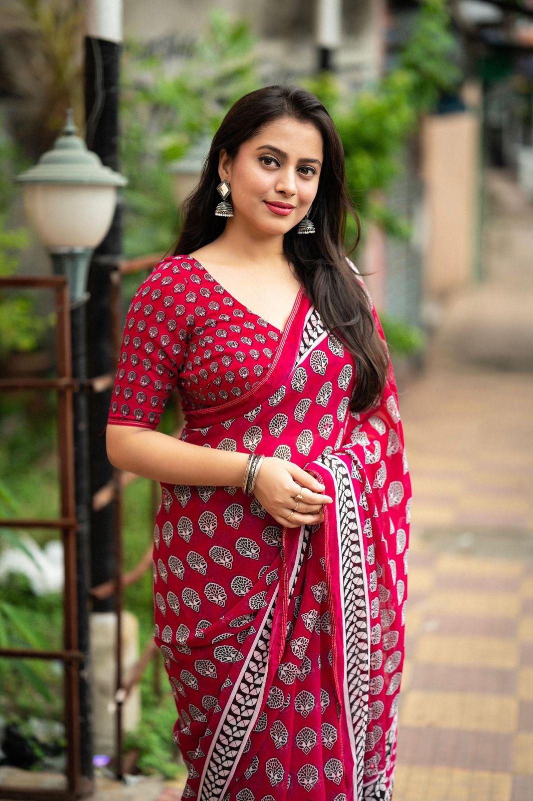 Rani Poly Georgette Ajrak Saree with Unstitched Blouse - Hiral Fashion | Swadesiicart