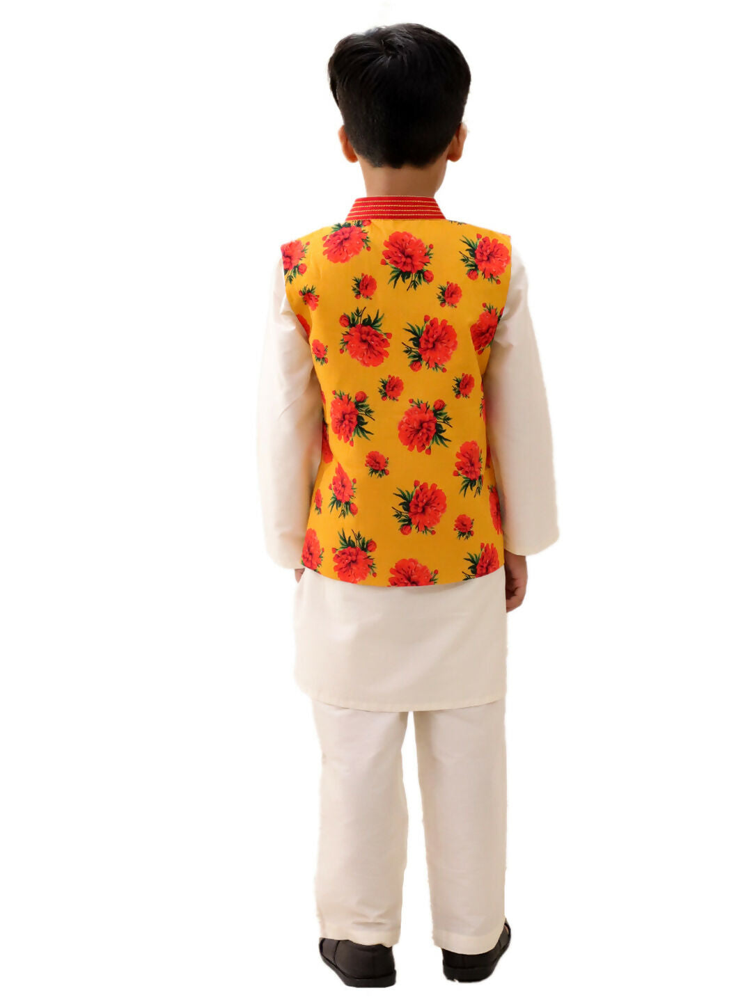 Lil Drama Genda Phool White Kurta and Pant with Mustard Jacket Set for Boys | Swadesiicart