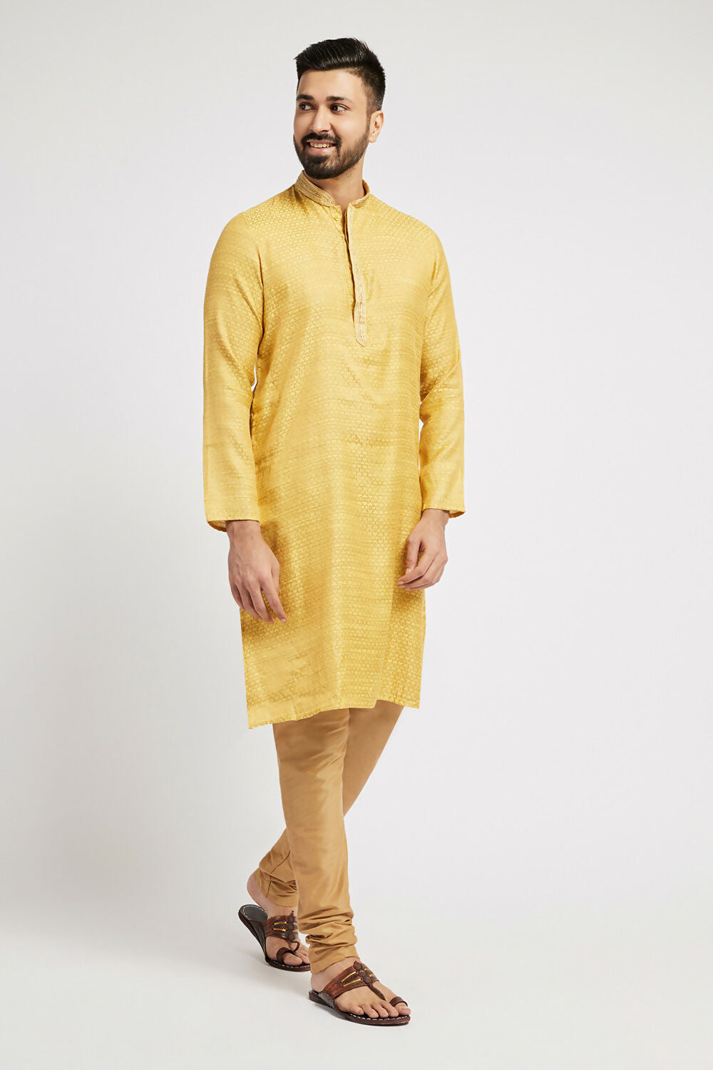 Ethnic India Yellow Men's Kurta Woven Design Polyester | Swadesiicart