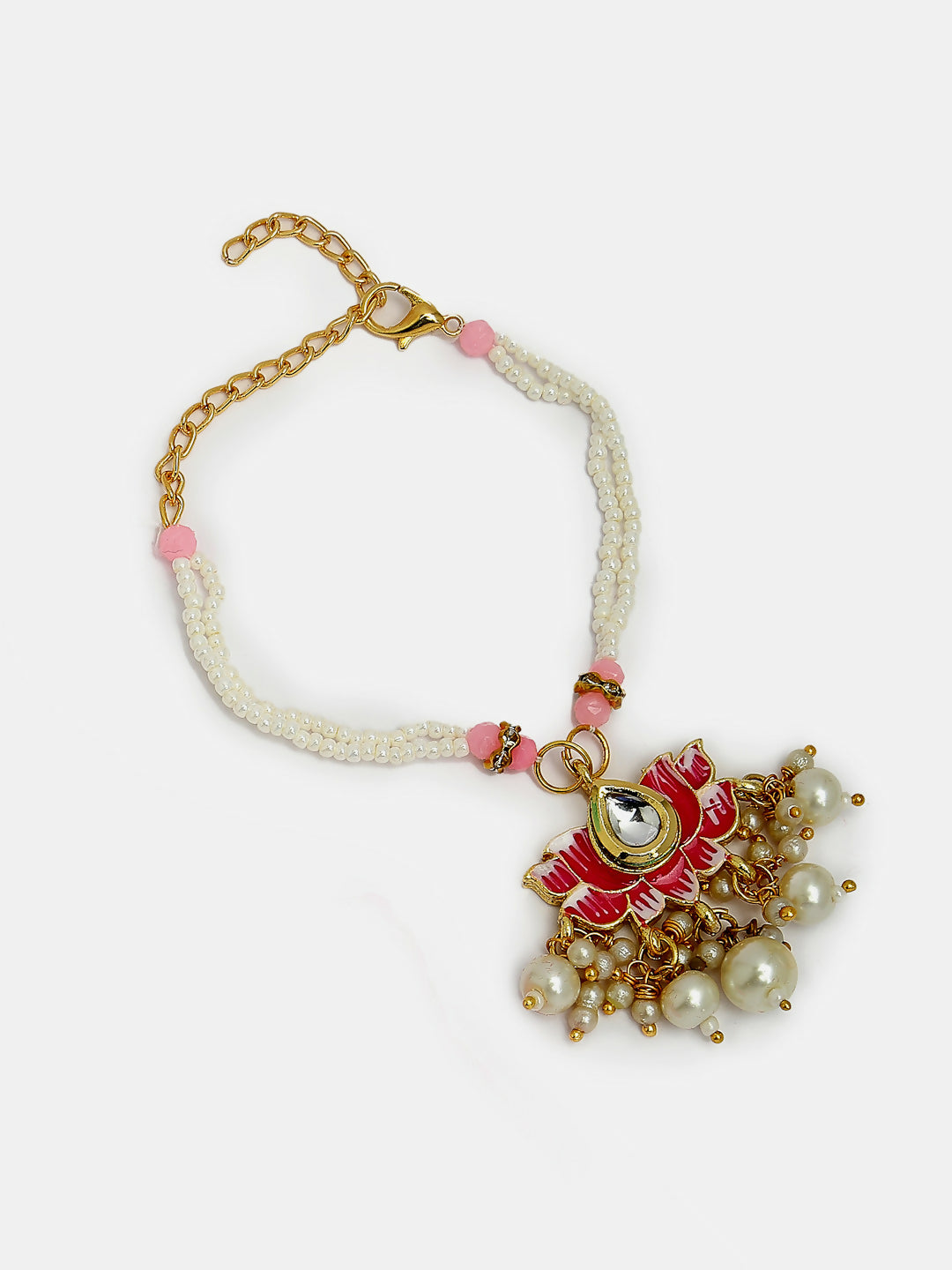 NVR Women & Men Set of 2 Pink Lotus Shape Kundan-Studded & Beaded Handcrafted Wraparound Rakhi Set With Roli Chawal | Swadesiicart