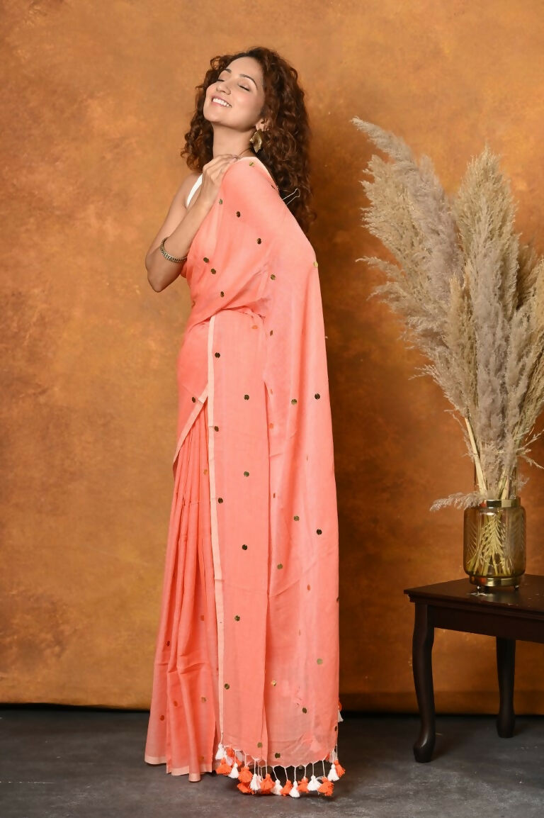 Very Much Indian Pure Mul Cotton Handloom Saree - Peach | Swadesiicart