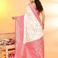 Joban Fashion White & Rani Pink Plain With Weaving Border Banarasi Silk Sarees | Swadesiicart