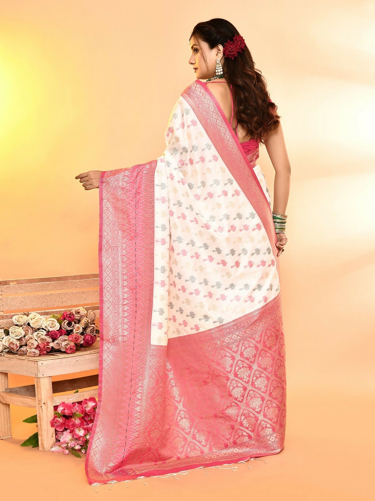 Joban Fashion White & Rani Pink Plain With Weaving Border Banarasi Silk Sarees | Swadesiicart