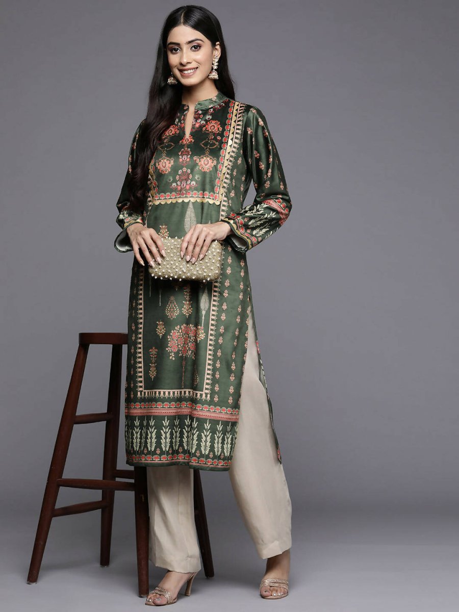 Ahalyaa Women Green & Pink Ethnic Motifs Printed Gotta Patti Velvet Kurta | Swadesiicart