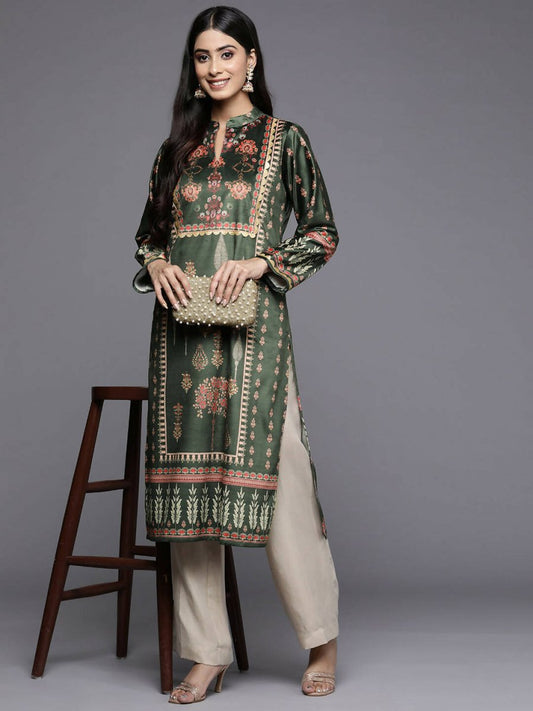 Ahalyaa Women Green & Pink Ethnic Motifs Printed Gotta Patti Velvet Kurta | Swadesiicart