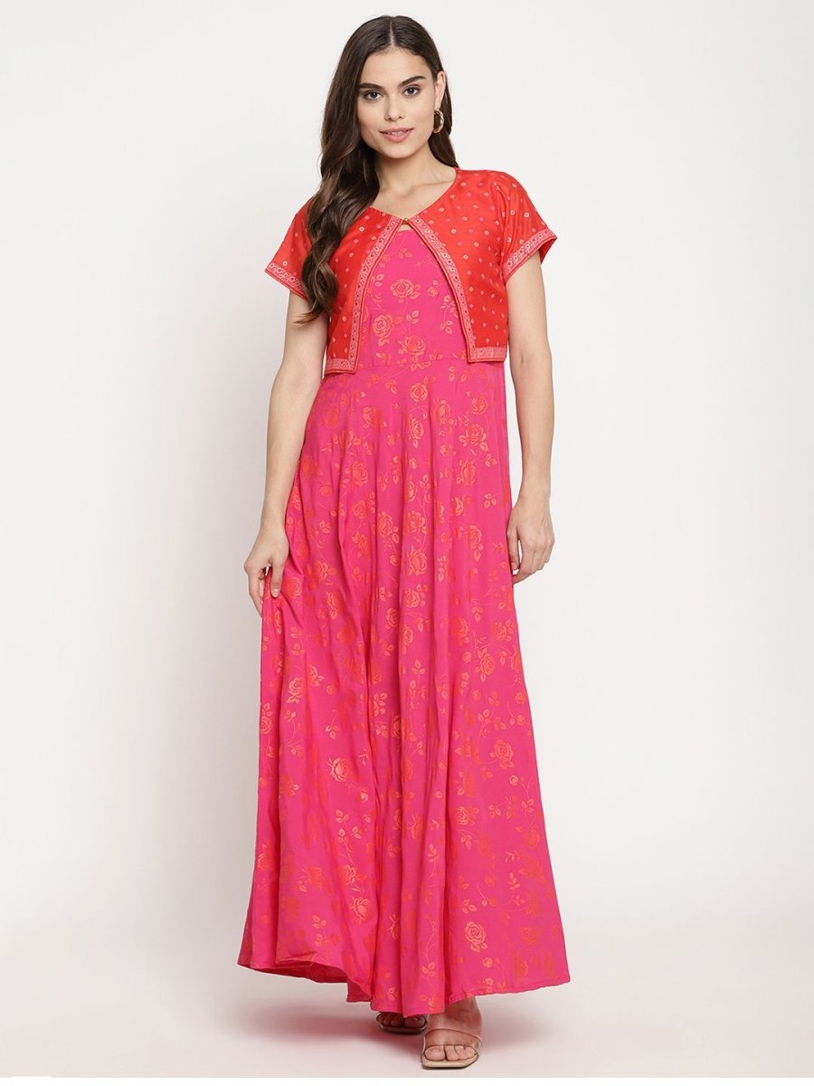 Ahalyaa Pink Crepe Orange khari Print Kurta with Jacket | Swadesiicart