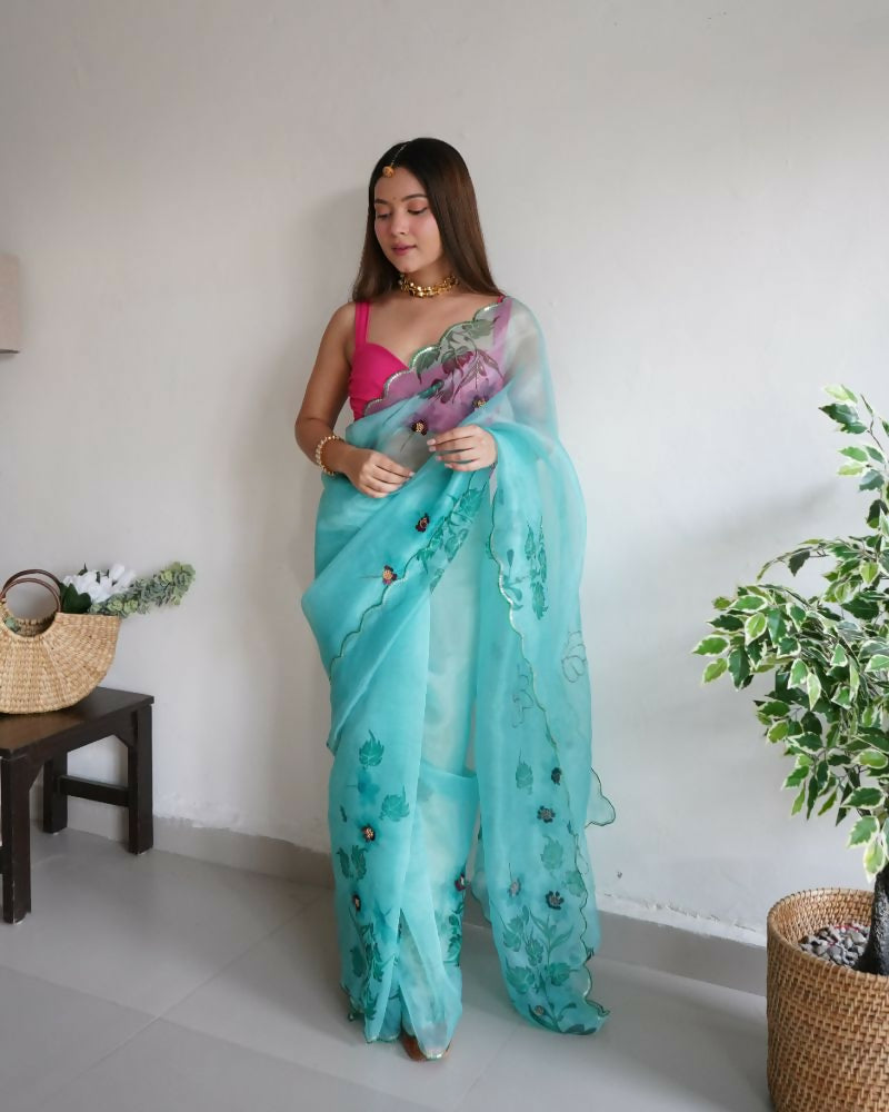 Vamsee Mudra Green Organza Saree - Swadesiicart