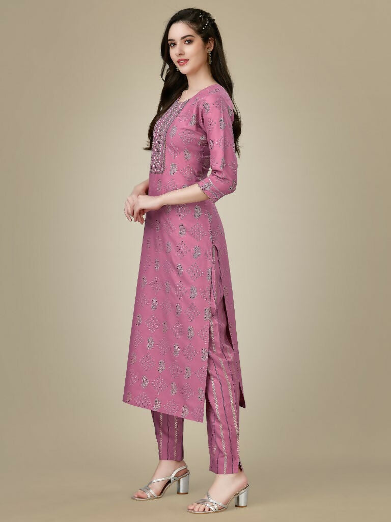 Jyoti Fashion Women's Purple Rayon Embroidered Kurta Pant Set | Swadesiicart