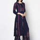 Aniyah Rayon Navy Blue Color Block Print A-line Flared Long Kurta With Two Front Slits (AN-215K) - Swadesiicart